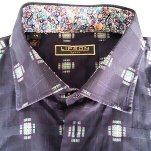 Lipson SZ LG Button Down Men's Shirt 100% Cotton Navy with Red & Green Accents